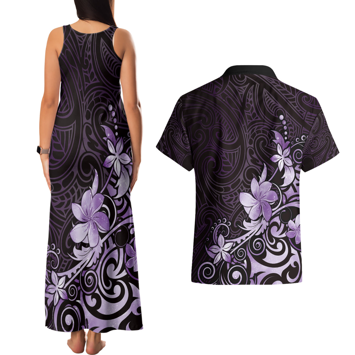 Matariki New Zealand Couples Matching Tank Maxi Dress and Hawaiian Shirt Maori Pattern Purple Galaxy