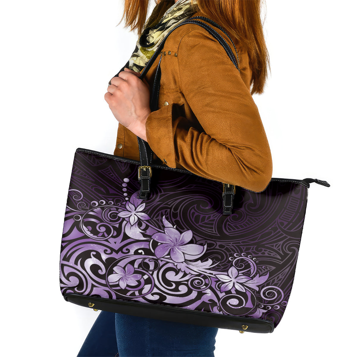 Matariki New Zealand Leather Tote Bag Maori Pattern Purple Galaxy