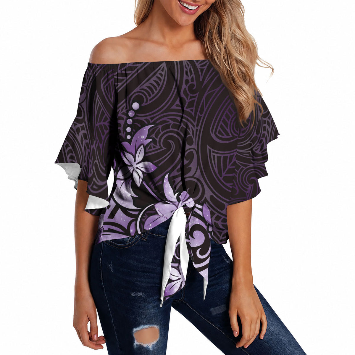 Matariki New Zealand Off Shoulder Wrap Waist Top Maori Pattern Purple Galaxy LT05 - Polynesian Pride
