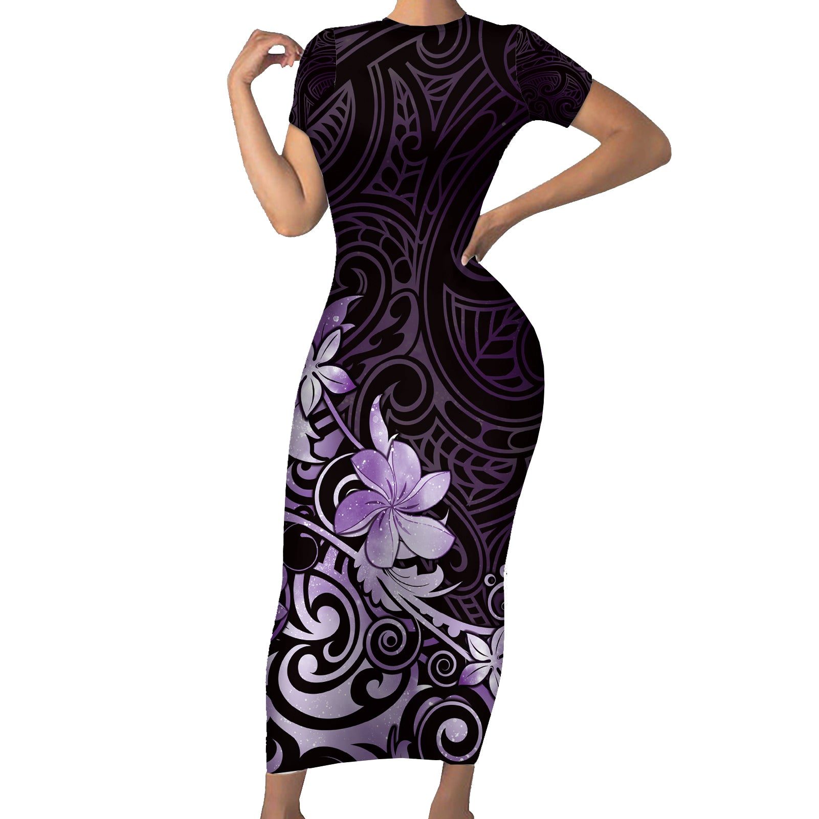 Matariki New Zealand Short Sleeve Bodycon Dress Maori Pattern Purple Galaxy