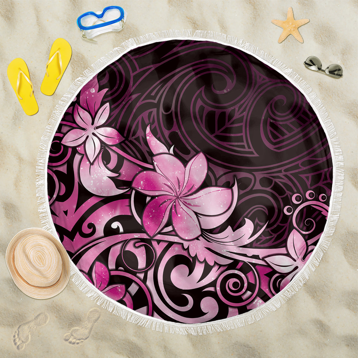 Matariki New Zealand Beach Blanket Maori Pattern Pink Galaxy