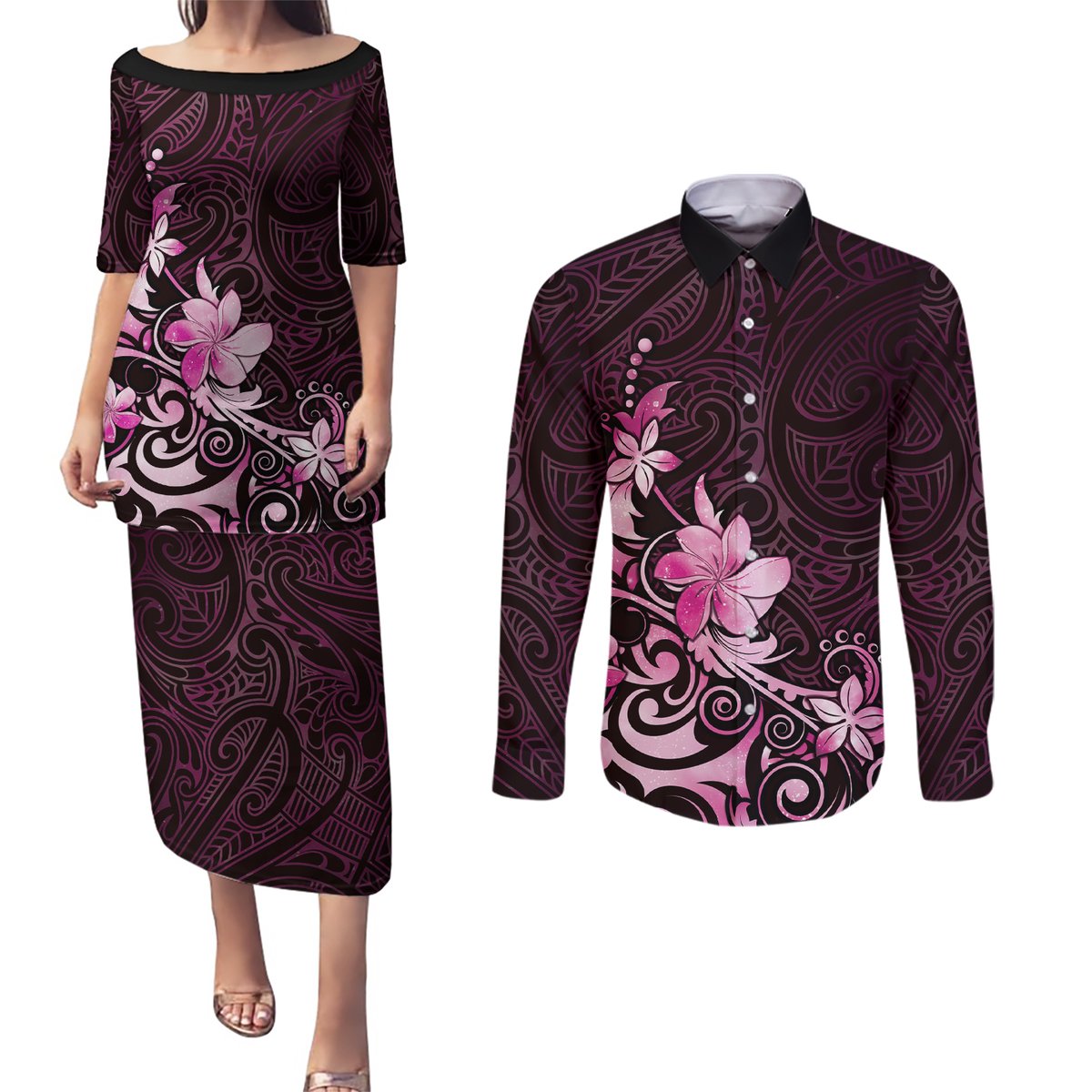 Matariki New Zealand Couples Matching Puletasi and Long Sleeve Button Shirt Maori Pattern Pink Galaxy LT05 Pink - Polynesian Pride