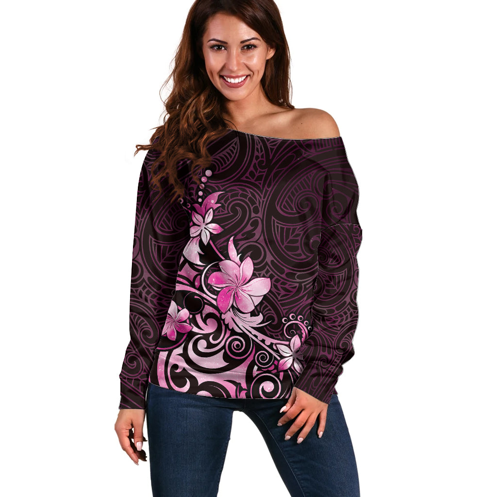 Matariki New Zealand Off Shoulder Sweater Maori Pattern Pink Galaxy LT05 Women Pink - Polynesian Pride