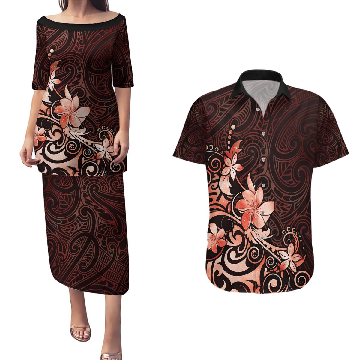 Matariki New Zealand Couples Matching Puletasi and Hawaiian Shirt Maori Pattern Red Galaxy LT05 Red - Polynesian Pride