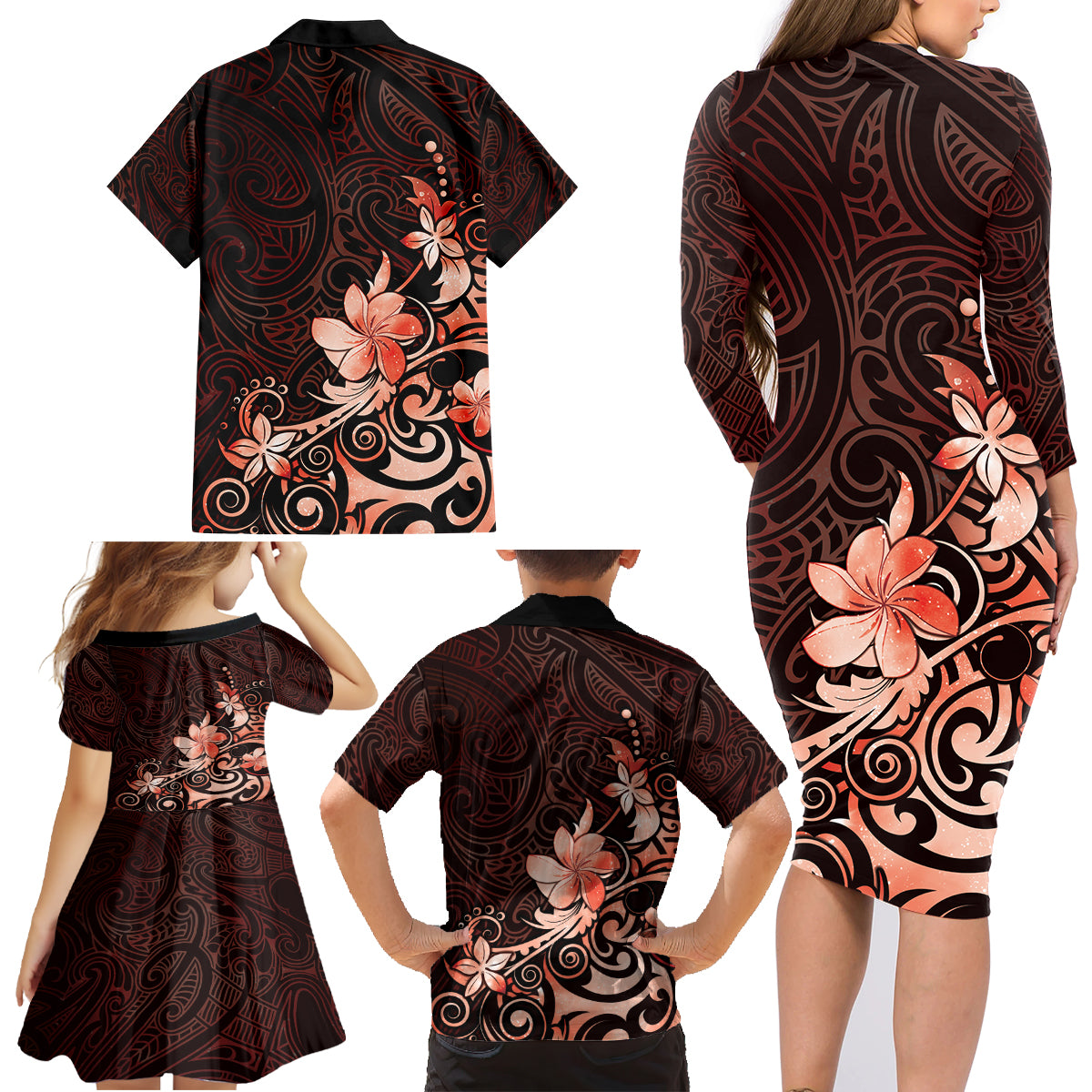 Matariki New Zealand Family Matching Long Sleeve Bodycon Dress and Hawaiian Shirt Maori Pattern Red Galaxy