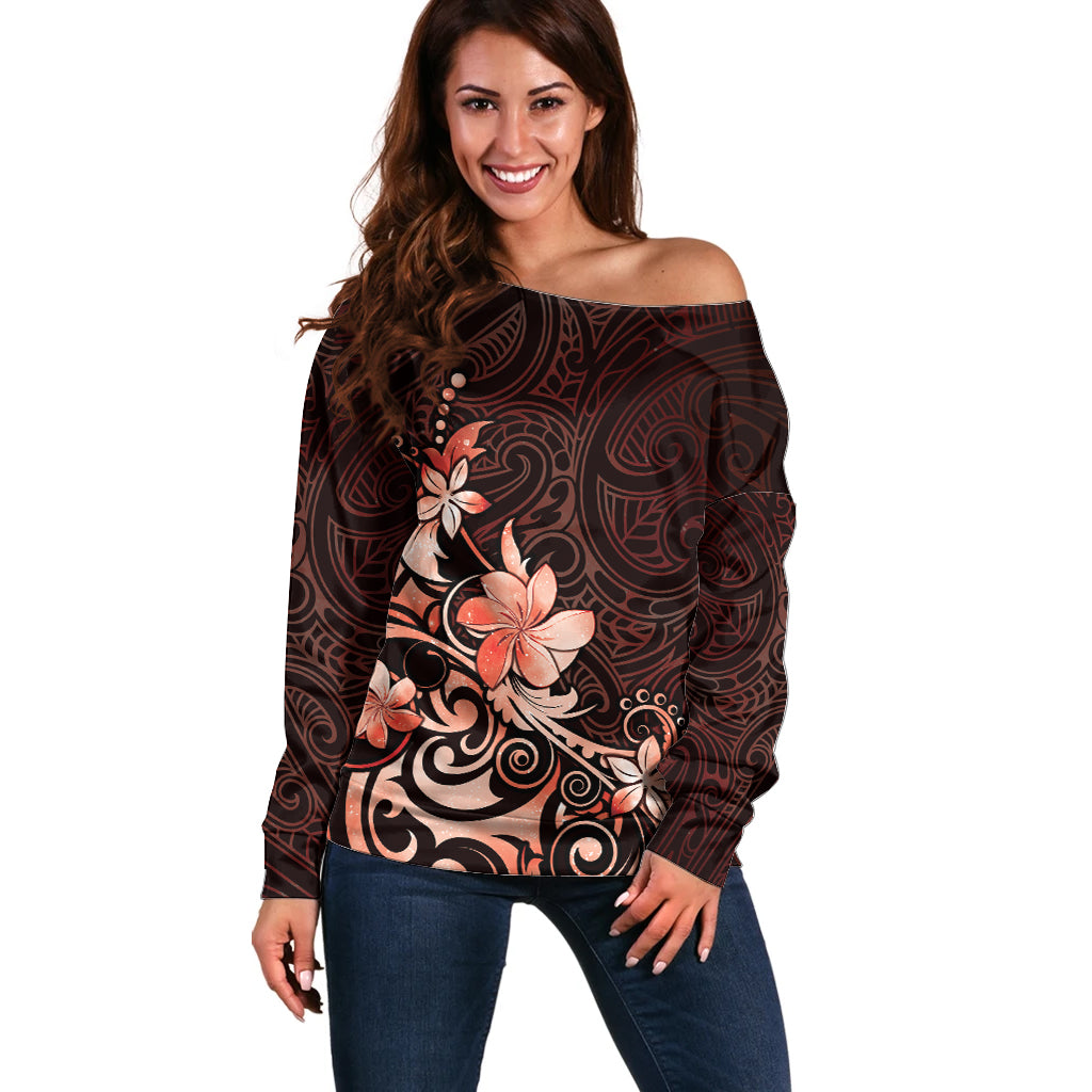 Matariki New Zealand Off Shoulder Sweater Maori Pattern Red Galaxy