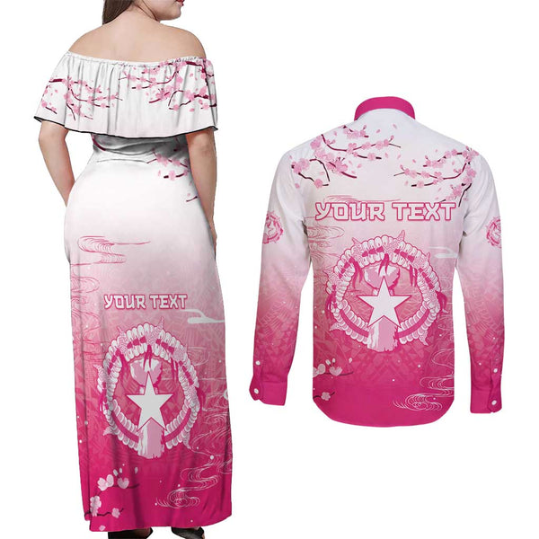 Polynesian Pride Couples Matching Off The Shoulder Long Sleeve Dress and Long Sleeve Button Shirts Turtle Hibiscus Luxury Style - Beige LT7