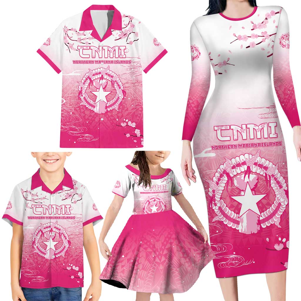Personalized Sakura Marianas Family Matching Long Sleeve Bodycon Dress and Hawaiian Shirt CNMI Seal
