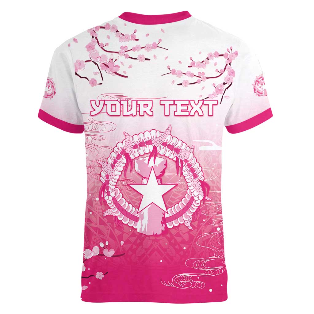 Personalized Sakura Marianas Women V-Neck T-Shirt CNMI Seal LT05 - Polynesian Pride