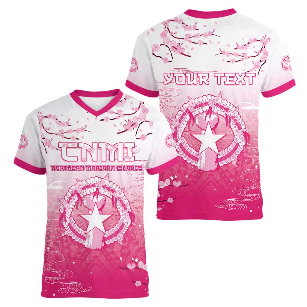 Personalized Sakura Marianas Women V-Neck T-Shirt CNMI Seal LT05 - Polynesian Pride
