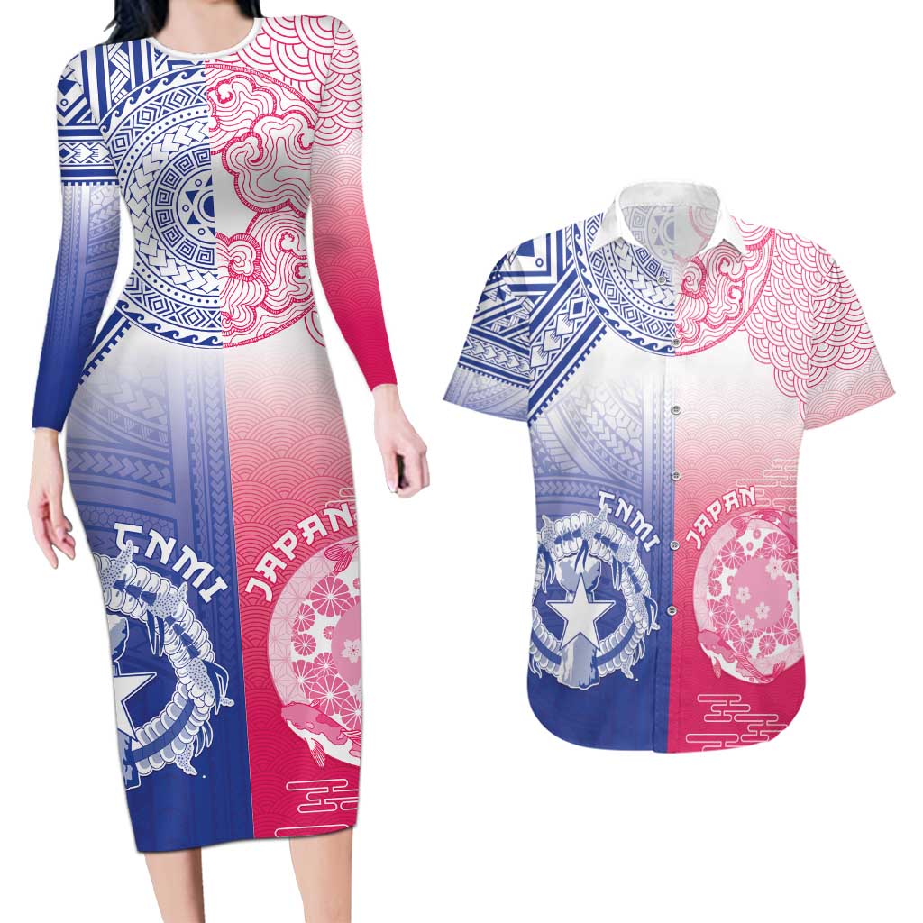 Custom Northern Mariana Islands And Japan Together Couples Matching Long Sleeve Bodycon Dress and Hawaiian Shirt