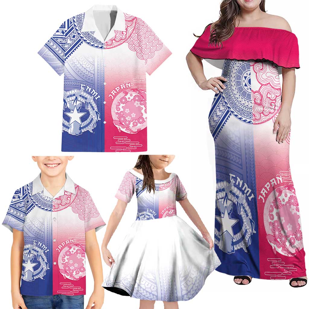 Custom Northern Mariana Islands And Japan Together Family Matching Off Shoulder Maxi Dress and Hawaiian Shirt