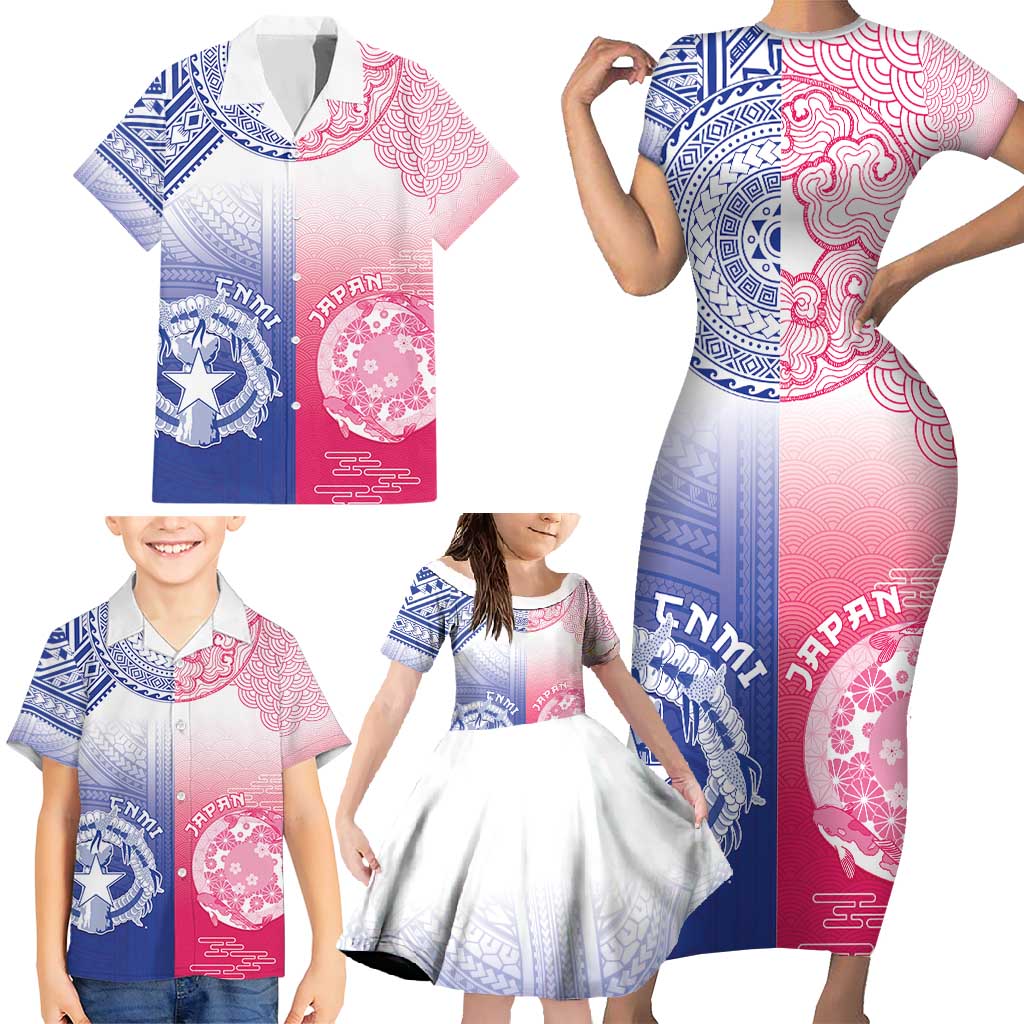 Custom Northern Mariana Islands And Japan Together Family Matching Short Sleeve Bodycon Dress and Hawaiian Shirt