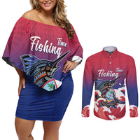 Guam Blue Marlin Fishing Couples Matching Off Shoulder Short Dress and Long Sleeve Button Shirt Polynesian Style
