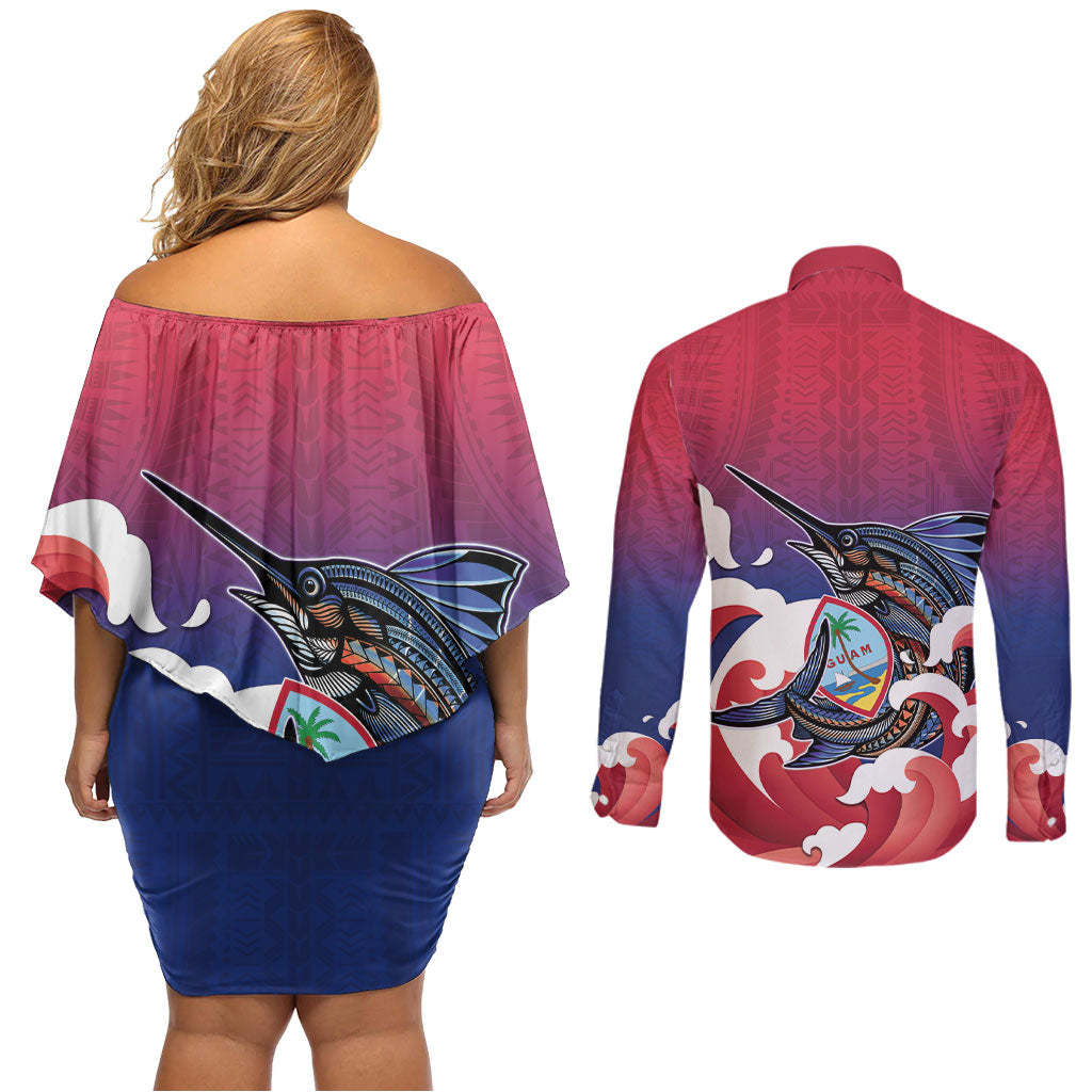 Guam Blue Marlin Fishing Couples Matching Off Shoulder Short Dress and Long Sleeve Button Shirt Polynesian Style