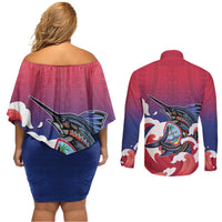 Guam Blue Marlin Fishing Couples Matching Off Shoulder Short Dress and Long Sleeve Button Shirt Polynesian Style