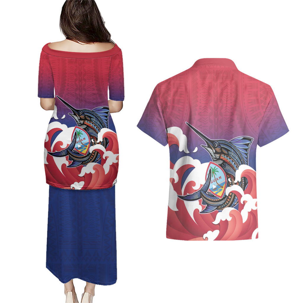 Guam Blue Marlin Fishing Couples Matching Puletasi and Hawaiian Shirt Polynesian Style LT05 - Polynesian Pride
