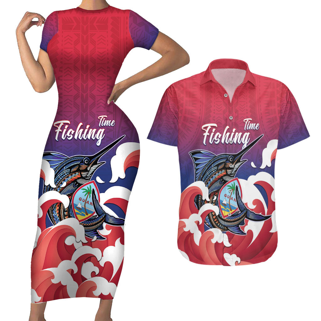 Guam Blue Marlin Fishing Couples Matching Short Sleeve Bodycon Dress and Hawaiian Shirt Polynesian Style