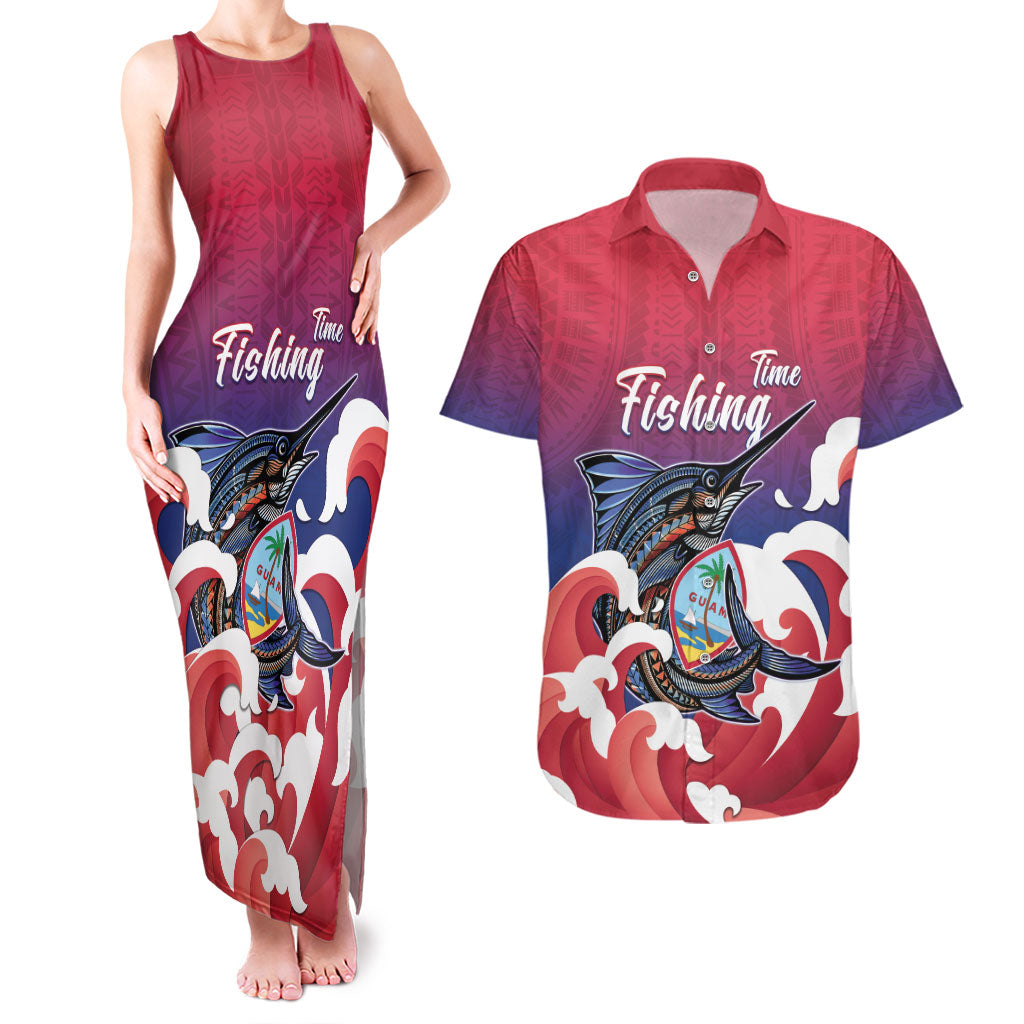 Guam Blue Marlin Fishing Couples Matching Tank Maxi Dress and Hawaiian Shirt Polynesian Style
