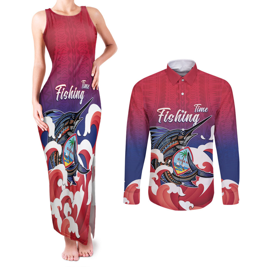 Guam Blue Marlin Fishing Couples Matching Tank Maxi Dress and Long Sleeve Button Shirt Polynesian Style