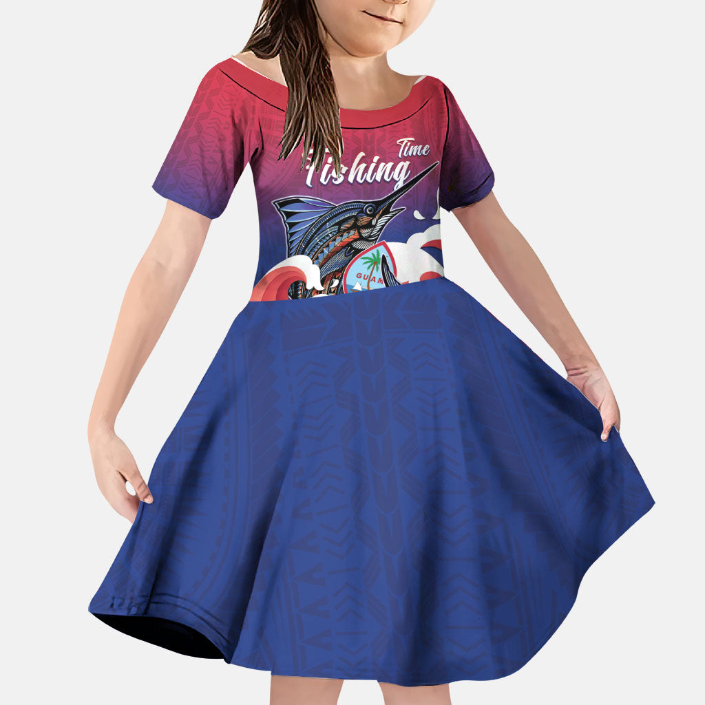 Guam Blue Marlin Fishing Family Matching Long Sleeve Bodycon Dress and Hawaiian Shirt Polynesian Style LT05 Daughter's Dress Red - Polynesian Pride
