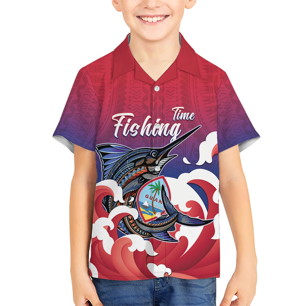 Guam Blue Marlin Fishing Family Matching Off Shoulder Short Dress and Hawaiian Shirt Polynesian Style LT05 Son's Shirt Red - Polynesian Pride