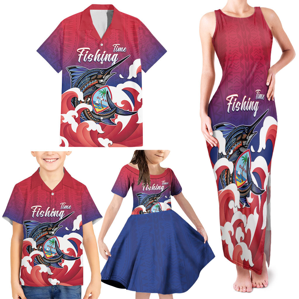 Guam Blue Marlin Fishing Family Matching Tank Maxi Dress and Hawaiian Shirt Polynesian Style