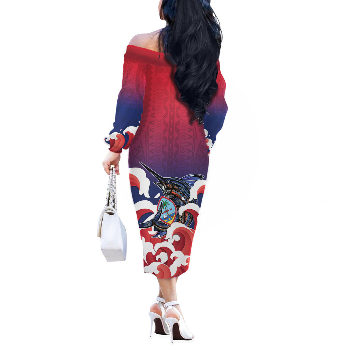 Guam Blue Marlin Fishing Off The Shoulder Long Sleeve Dress Polynesian Style LT05 - Polynesian Pride
