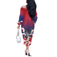Guam Blue Marlin Fishing Off The Shoulder Long Sleeve Dress Polynesian Style LT05 - Polynesian Pride