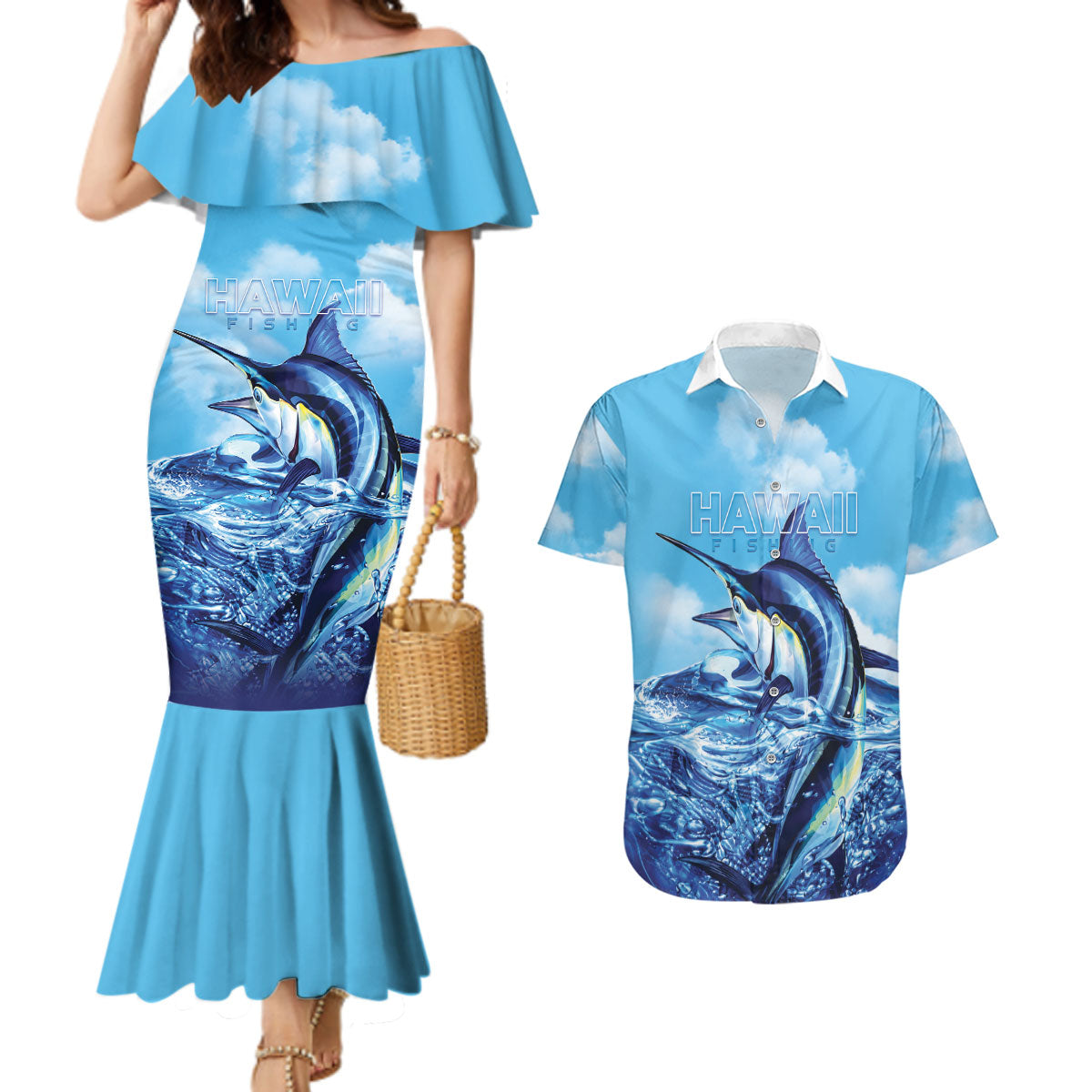 Hawaii Blue Marlin Fishing Couples Matching Mermaid Dress and Hawaiian Shirt LT05 Blue - Polynesian Pride