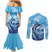 Hawaii Blue Marlin Fishing Couples Matching Mermaid Dress and Long Sleeve Button Shirt LT05 - Polynesian Pride