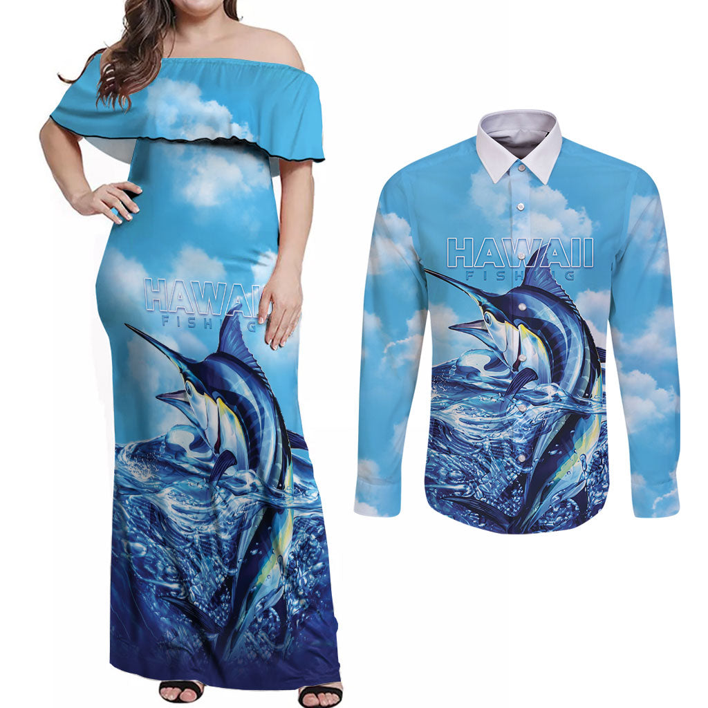 Hawaii Blue Marlin Fishing Couples Matching Off Shoulder Maxi Dress and Long Sleeve Button Shirt LT05 Blue - Polynesian Pride