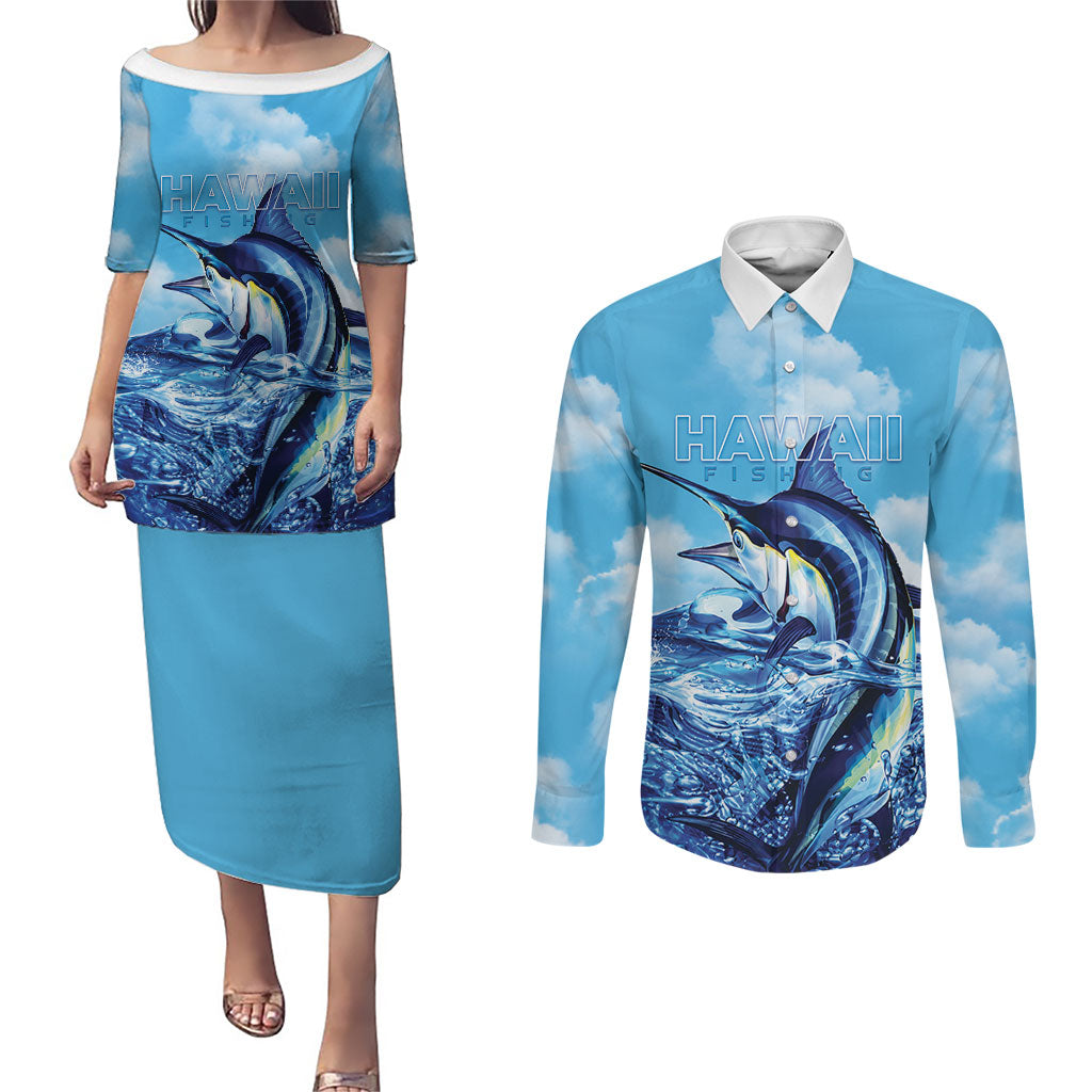 Hawaii Blue Marlin Fishing Couples Matching Puletasi and Long Sleeve Button Shirt LT05 Blue - Polynesian Pride
