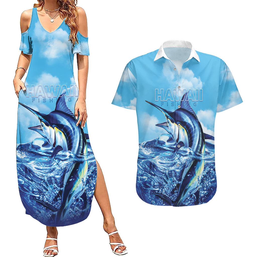 Hawaii Blue Marlin Fishing Couples Matching Summer Maxi Dress and Hawaiian Shirt LT05 Blue - Polynesian Pride