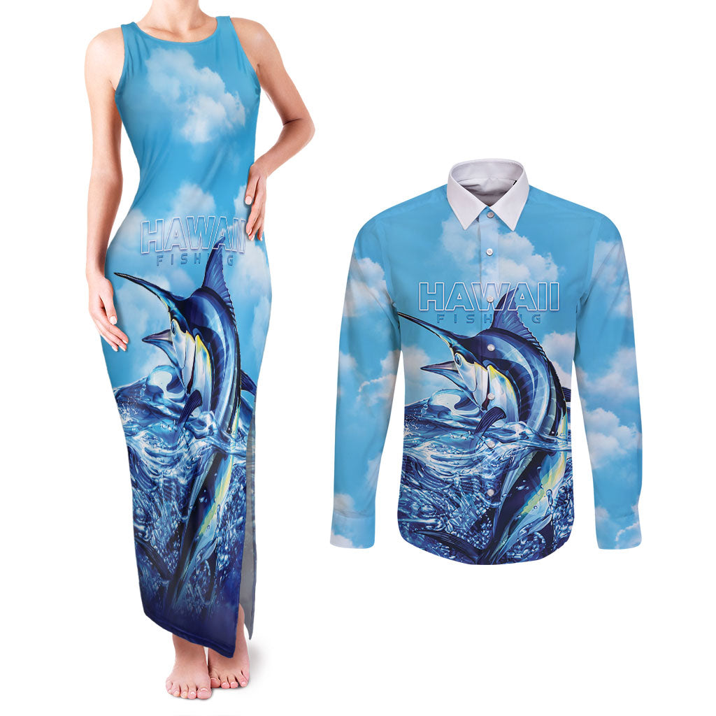 Hawaii Blue Marlin Fishing Couples Matching Tank Maxi Dress and Long Sleeve Button Shirt LT05 Blue - Polynesian Pride