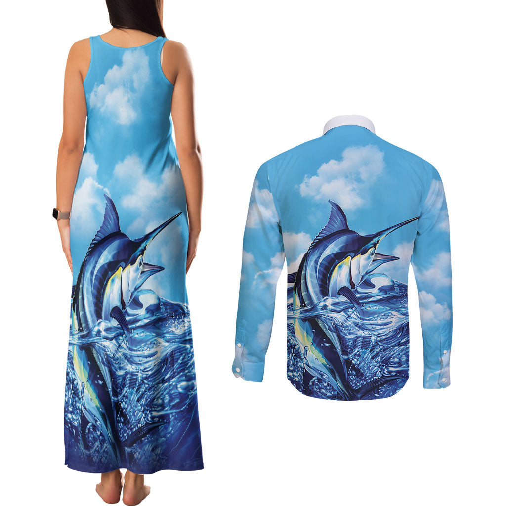 Hawaii Blue Marlin Fishing Couples Matching Tank Maxi Dress and Long Sleeve Button Shirt LT05 - Polynesian Pride