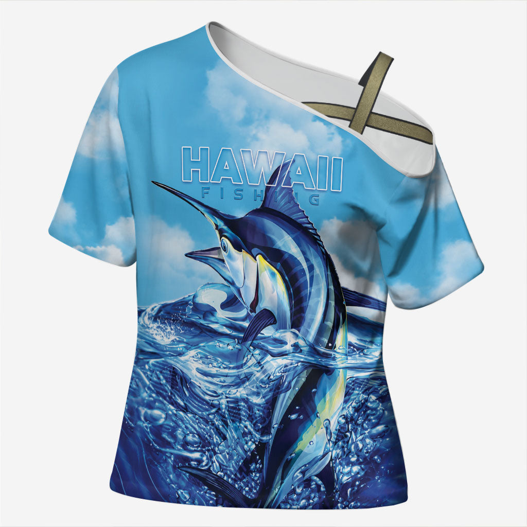 Hawaii Blue Marlin Fishing Cross Shoulder Shirt LT05 Female Blue - Polynesian Pride