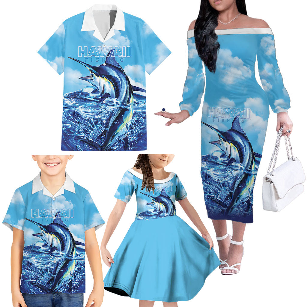 Hawaii Blue Marlin Fishing Family Matching Off The Shoulder Long Sleeve Dress and Hawaiian Shirt