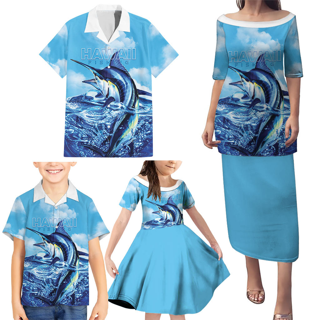 Hawaii Blue Marlin Fishing Family Matching Puletasi and Hawaiian Shirt