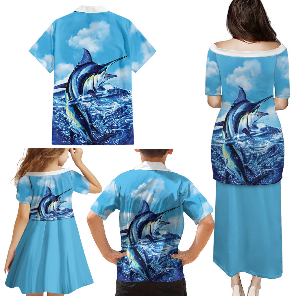 Hawaii Blue Marlin Fishing Family Matching Puletasi and Hawaiian Shirt