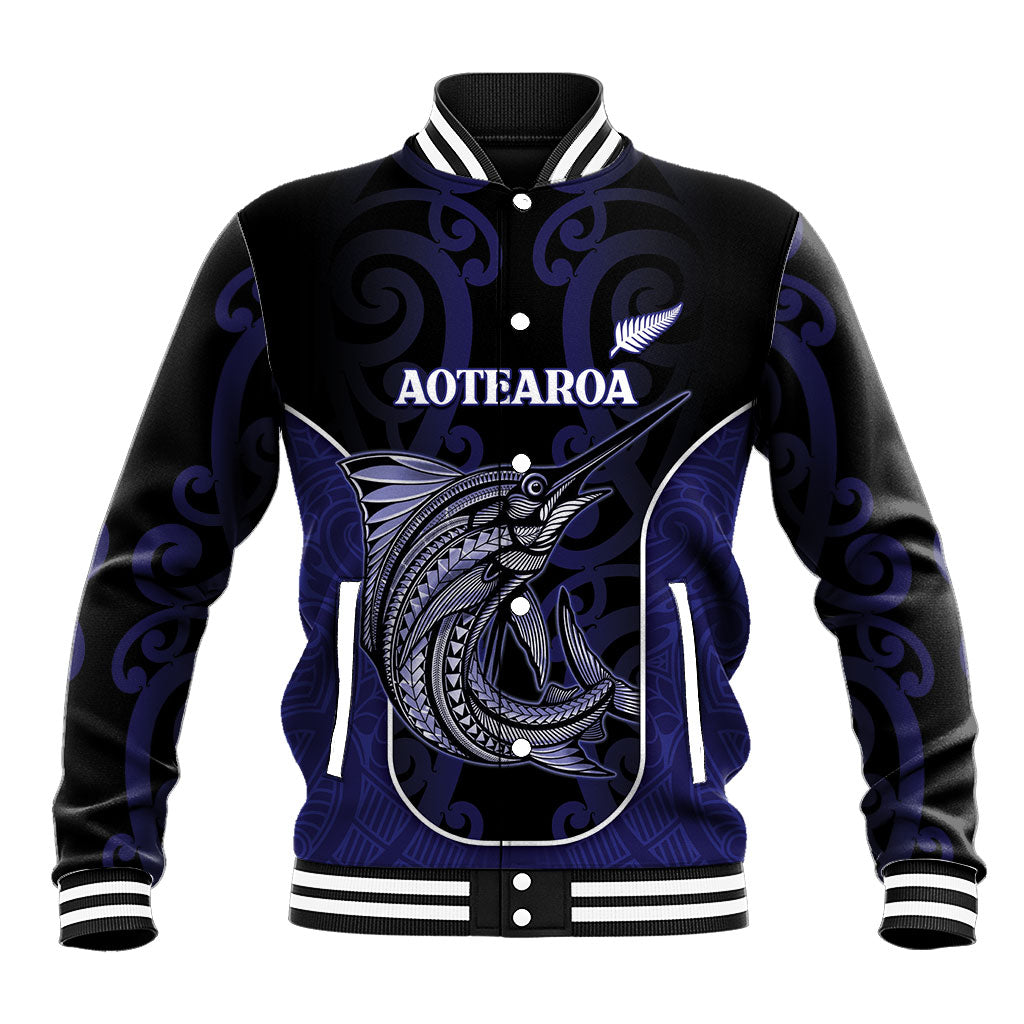 Personalised New Zealand Aotearoa Baseball Jacket Blue Marlin Fishing Maori Pattern