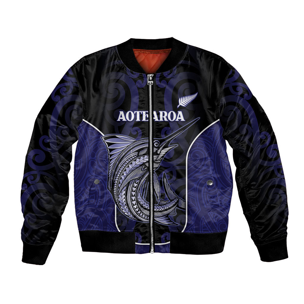 Personalised New Zealand Aotearoa Bomber Jacket Blue Marlin Fishing Maori Pattern