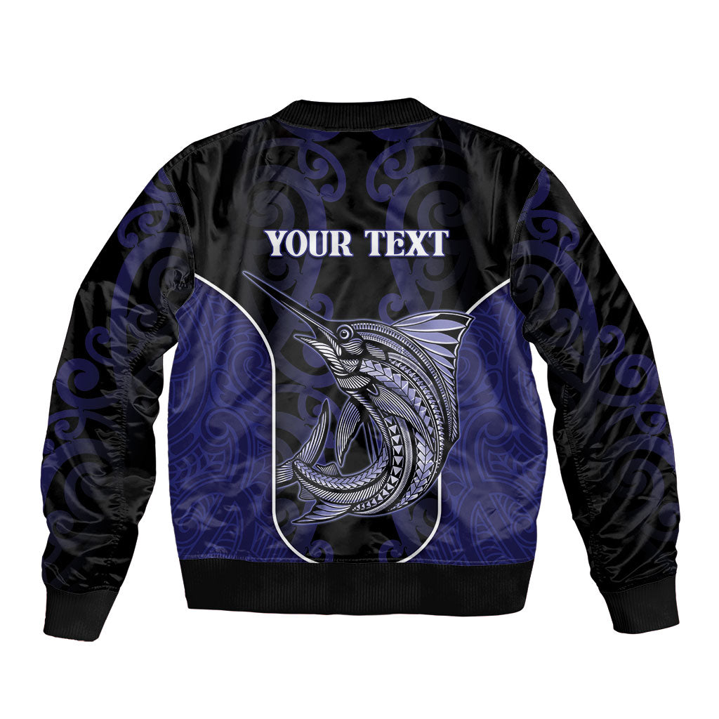 Personalised New Zealand Aotearoa Bomber Jacket Blue Marlin Fishing Maori Pattern