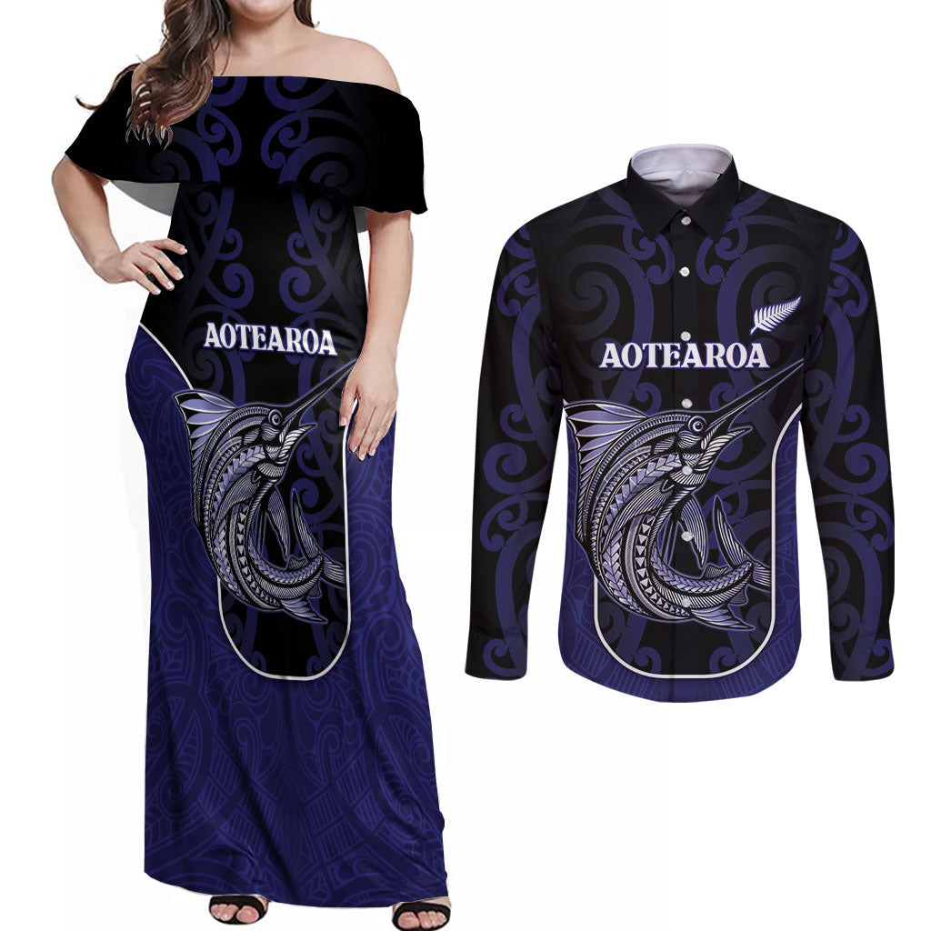 Personalised New Zealand Aotearoa Couples Matching Off Shoulder Maxi Dress and Long Sleeve Button Shirt Blue Marlin Fishing Maori Pattern