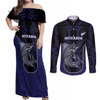 Personalised New Zealand Aotearoa Couples Matching Off Shoulder Maxi Dress and Long Sleeve Button Shirt Blue Marlin Fishing Maori Pattern