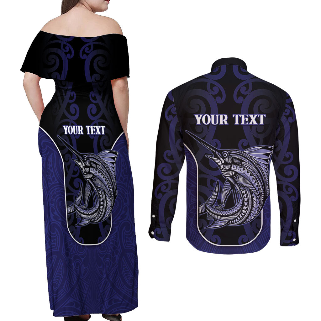 Personalised New Zealand Aotearoa Couples Matching Off Shoulder Maxi Dress and Long Sleeve Button Shirt Blue Marlin Fishing Maori Pattern