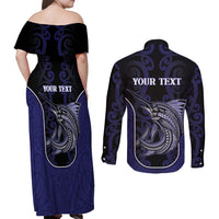 Personalised New Zealand Aotearoa Couples Matching Off Shoulder Maxi Dress and Long Sleeve Button Shirt Blue Marlin Fishing Maori Pattern