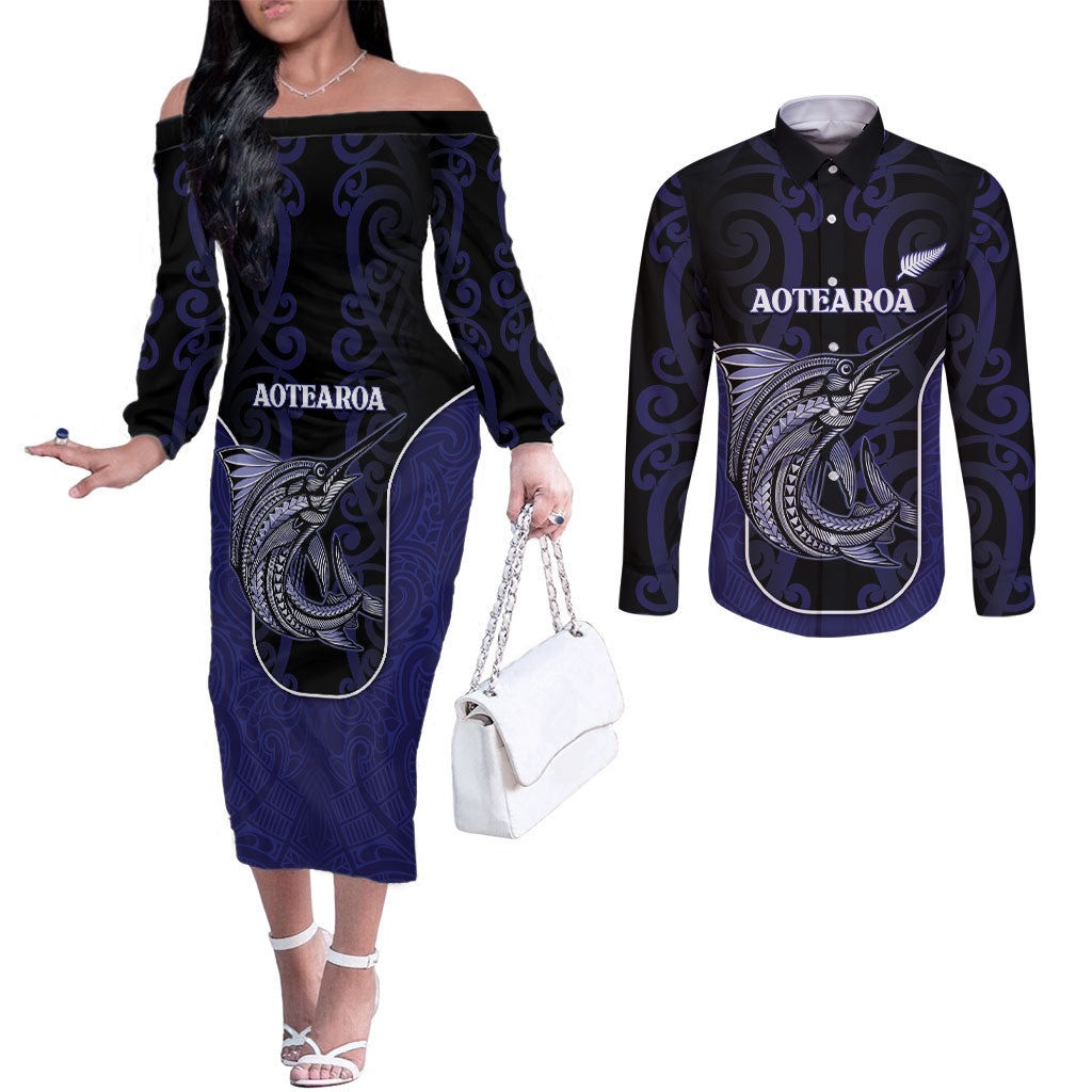 Personalised New Zealand Aotearoa Couples Matching Off The Shoulder Long Sleeve Dress and Long Sleeve Button Shirt Blue Marlin Fishing Maori Pattern