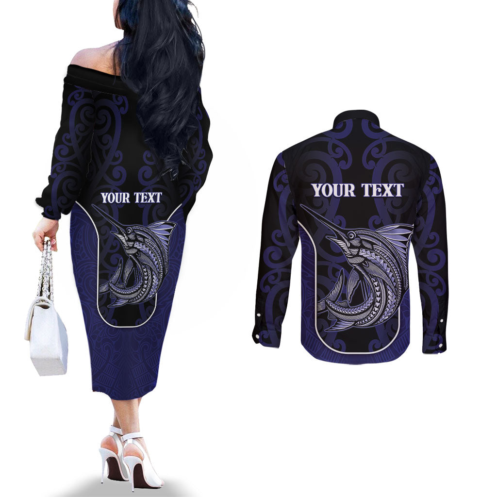Personalised New Zealand Aotearoa Couples Matching Off The Shoulder Long Sleeve Dress and Long Sleeve Button Shirt Blue Marlin Fishing Maori Pattern