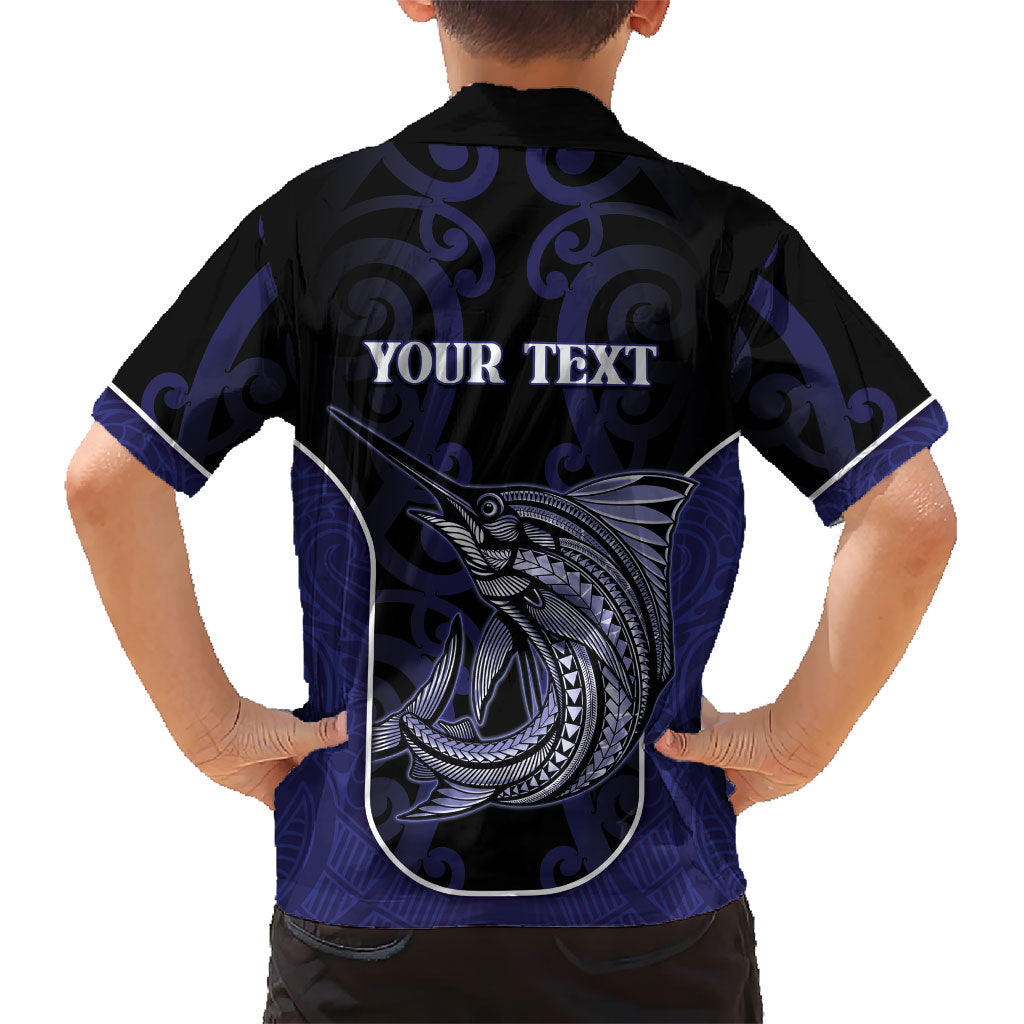 Personalised New Zealand Aotearoa Family Matching Off Shoulder Short Dress and Hawaiian Shirt Blue Marlin Fishing Maori Pattern